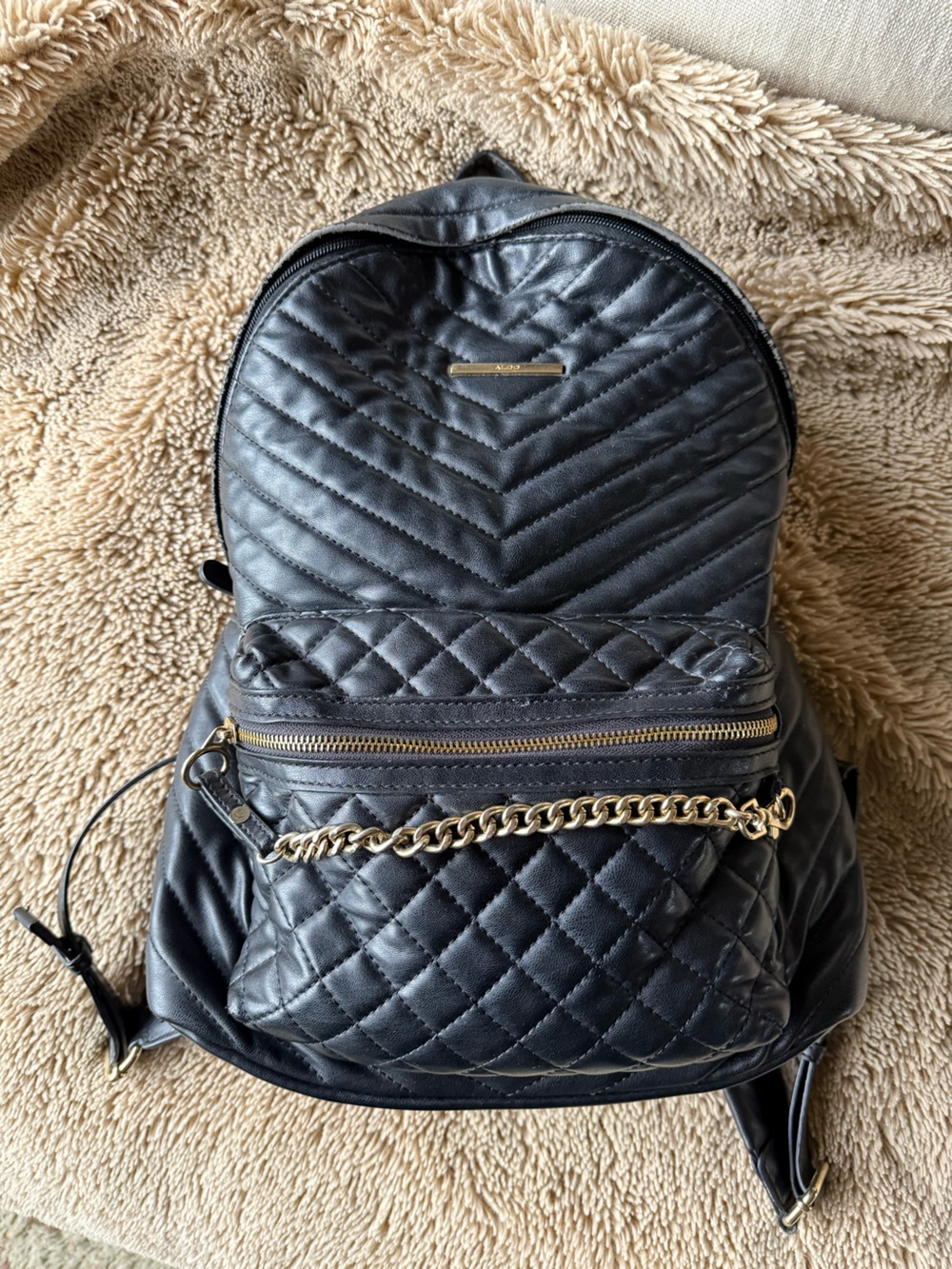 Aldo Black Quilted Backpack with Gold Chain Trim